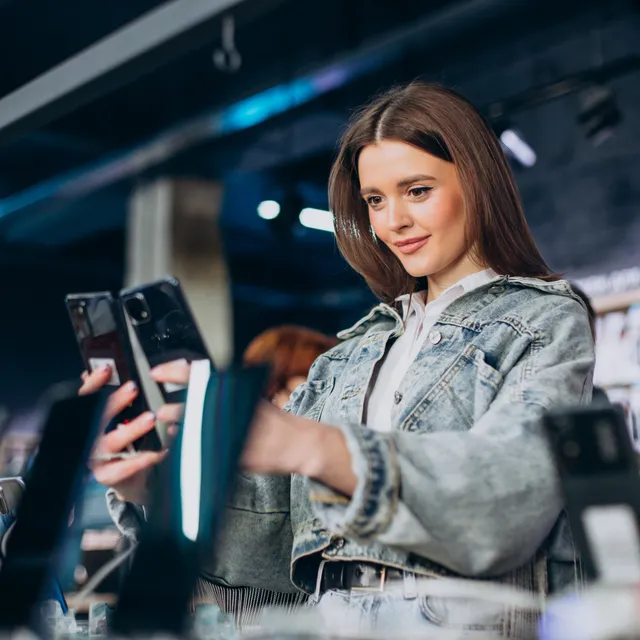 Mulher escolhendo um celular em uma loja de tecnologia